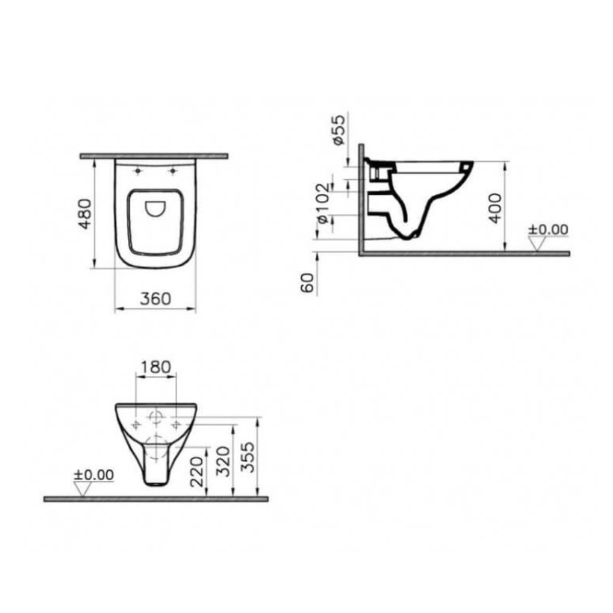 S20 36x34x48 cm cuvette suspendue en céramique avec bride, sortie horizontale, vendue sans abattant, blanc (5505-003-0101)