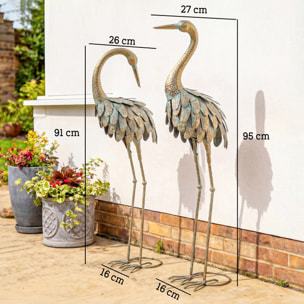 Lot de 2 statues de jardin héron - décoration de jardin - métal doré effet vieilli