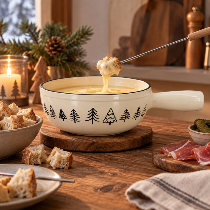 Caquelon en fonte 1,9L crème avec décor sapin MONTAGNE