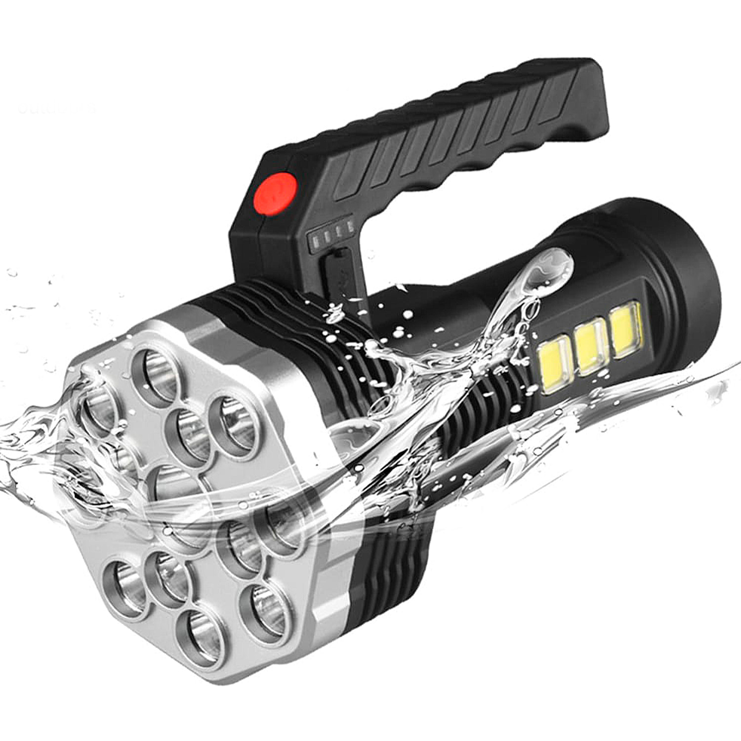 Torcia LED ad alta performance con 13 LED, 4 livelli di luminosità, luce COB ausiliaria e batteria ricaricabile da 1200mAh.