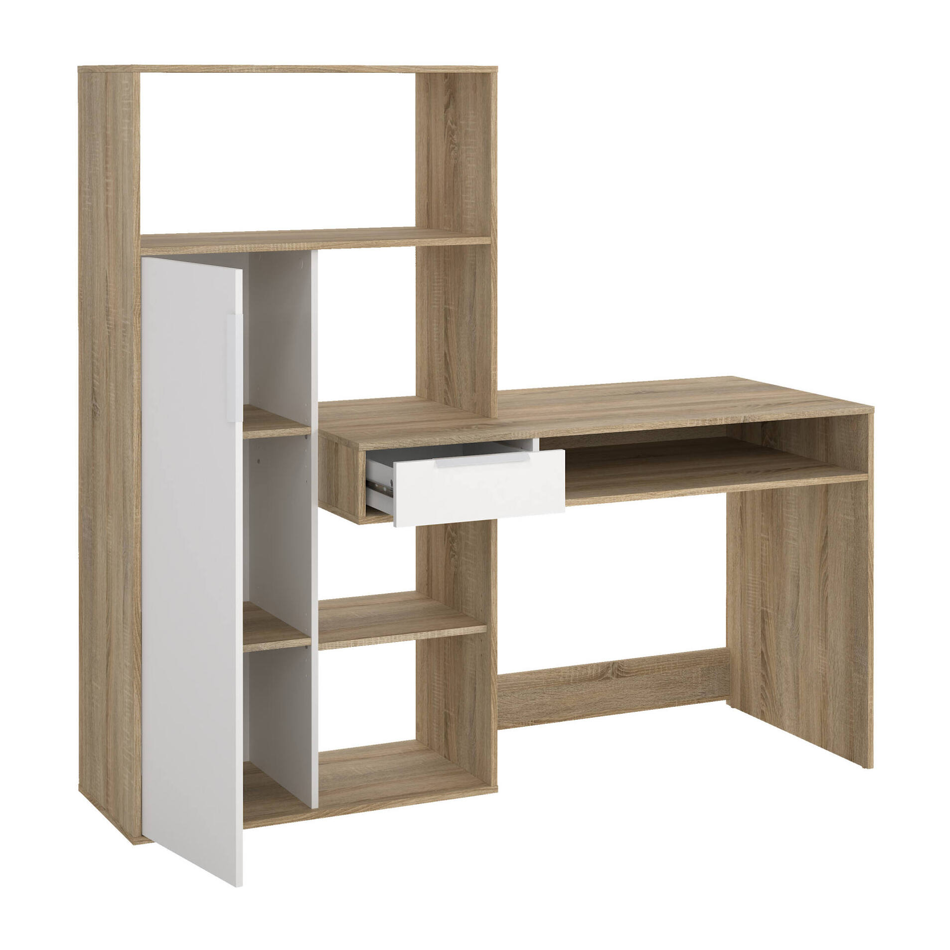 Scrivania Annalou, Scrittoio multiuso, Tavolo per ufficio porta PC, Piano di lavoro, 163x60 h155 cm, Quercia e Bianco