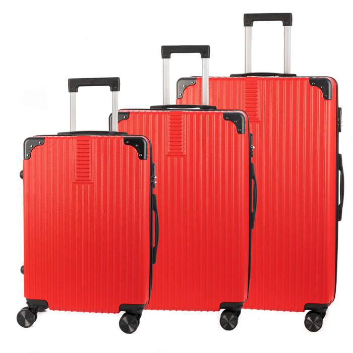 DAM Set di 3 valigie Trolley, in materiale leggero ABS ad alta resistenza con angoli rinforzati. Chiusura numerica e 4 ruote doppie estraibili e girevoli a 360°. 52x31x78 cm. Colore: Rosso