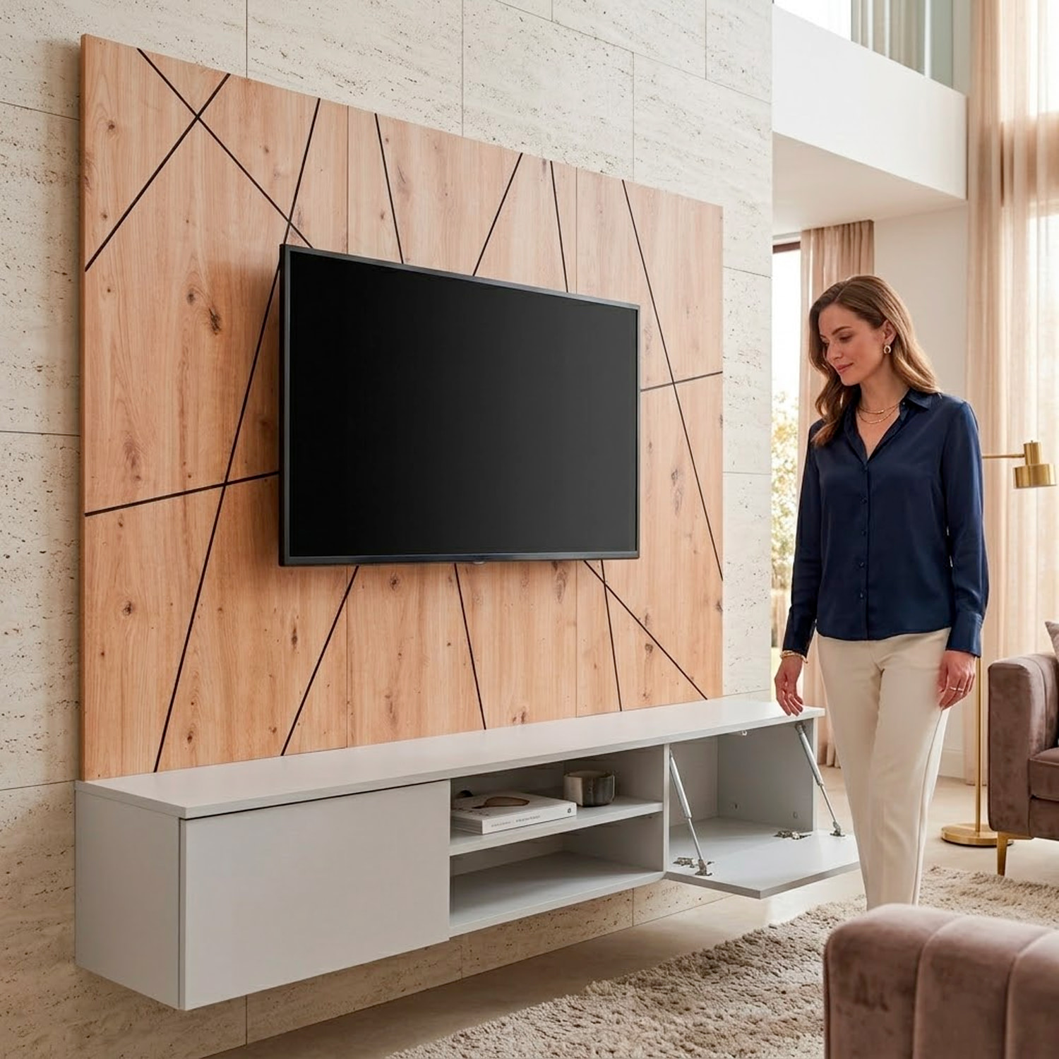 Parete Attrezzata Moderna Per Tv Con Pannello Design Geometrico 2 Ante Ribalta  E 1 Vano A Giorno Mobile 160 x 35 x 148 Cm Grigio E Rovere