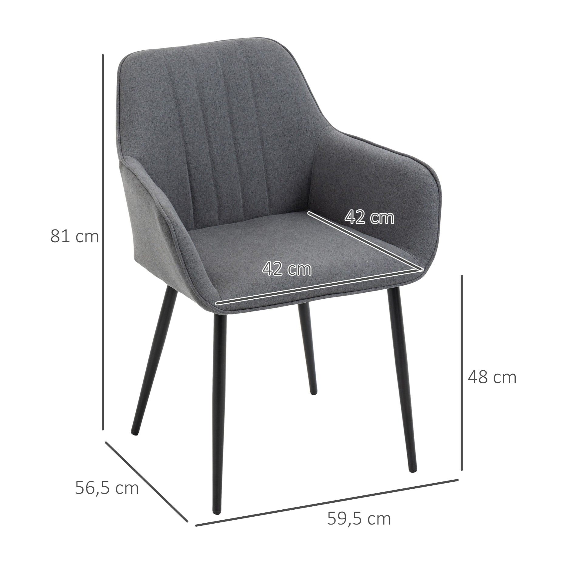 Chaises de visiteur design scandinave - lot de 2 chaises - pieds effilés métal noir - assise dossier accoudoirs ergonomiques lin anthracite