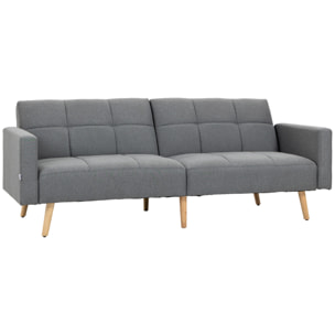 Canapé convertible 2 places design scandinave dossier inclinable 3 positions piètement bois tissu aspect lin gris