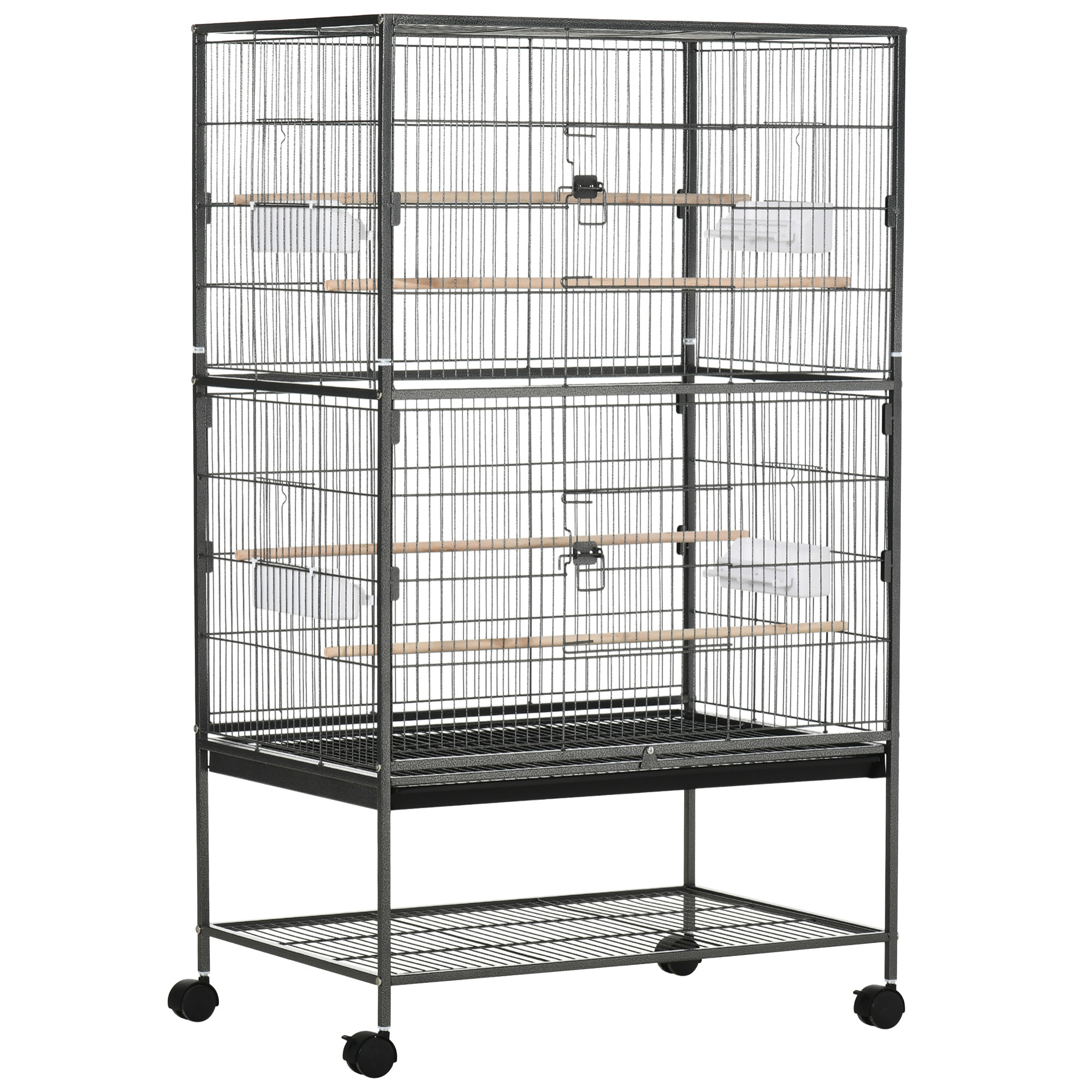 Cage oiseau mobile dim. 78x52x132cm - 4 perchoirs, mangeoires, plateau déjection, étagère - acier époxy gris moucheté