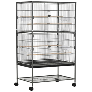 Cage oiseau mobile dim. 78x52x132cm - 4 perchoirs, mangeoires, plateau déjection, étagère - acier époxy gris moucheté