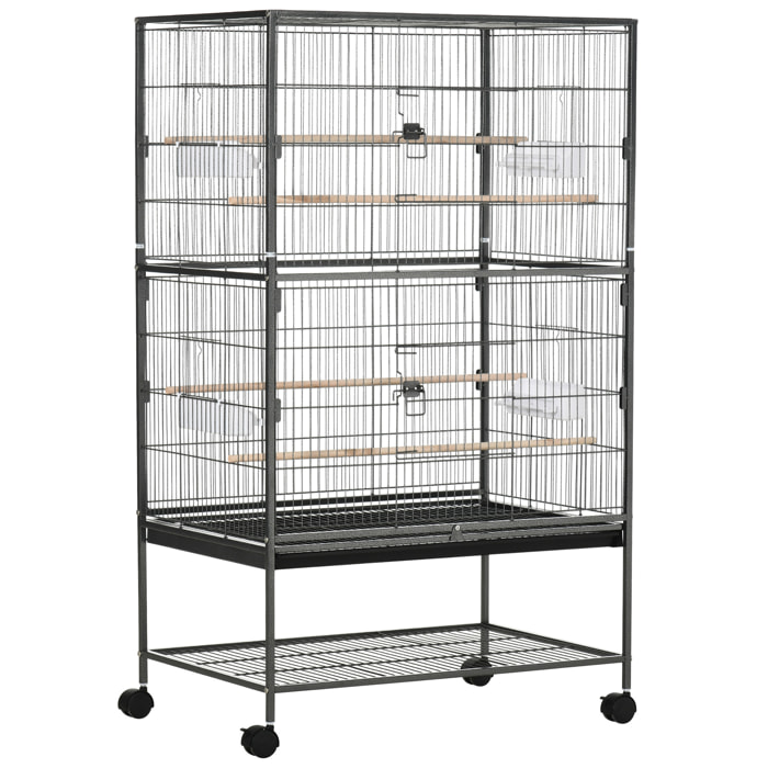 Cage oiseau mobile dim. 78x52x132cm - 4 perchoirs, mangeoires, plateau déjection, étagère - acier époxy gris moucheté