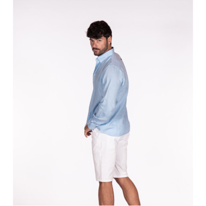 Camicia Uomo 2 Bottoni Button Down Slim Lino Unito Celeste