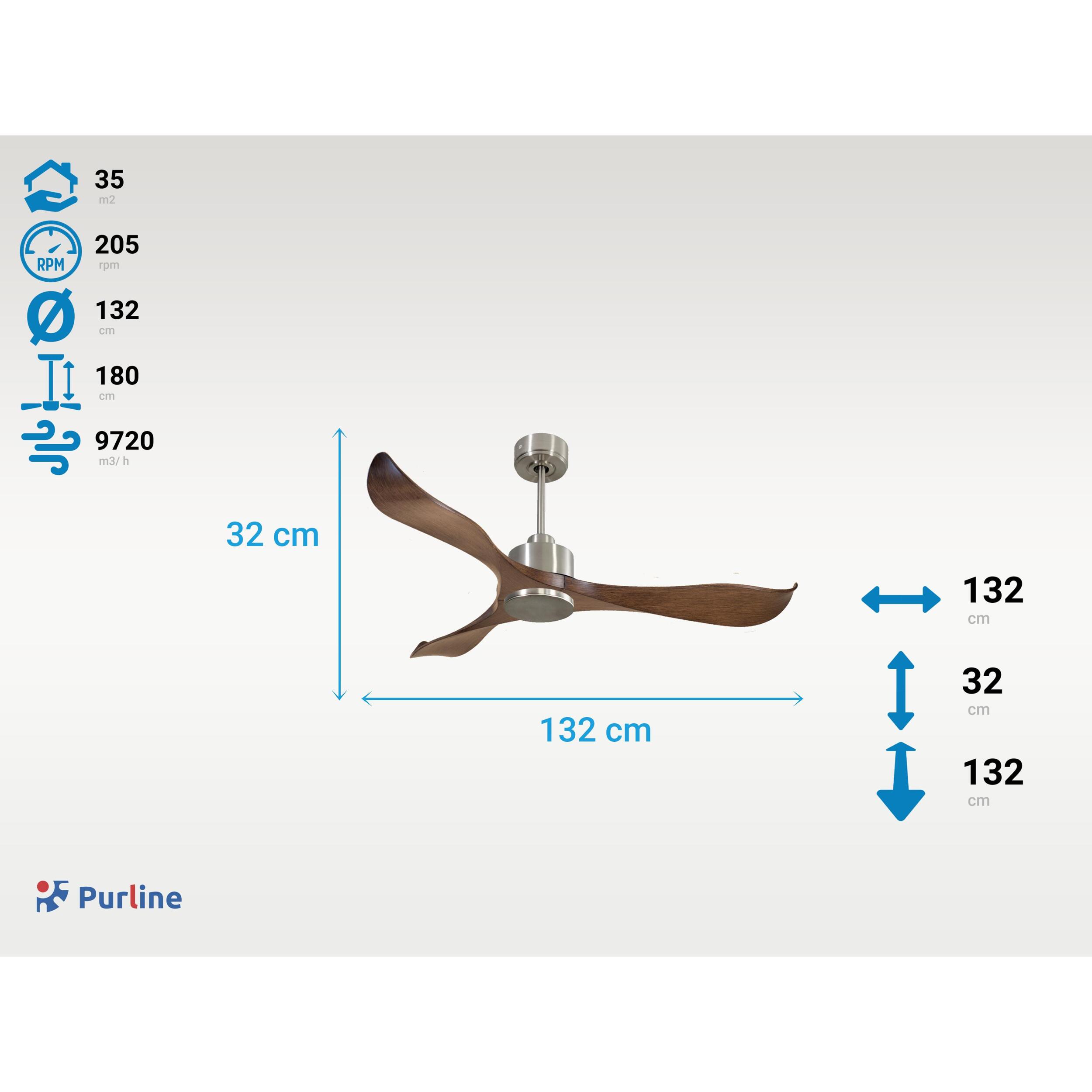 Ventilador de techo Reversible Termostato Wifi Motor DC Techos Inclinados Mando a Distancia Adaptador 2/3 Aspas Hypersilence Memoria ZanzibarD132C0364976 PURLINE