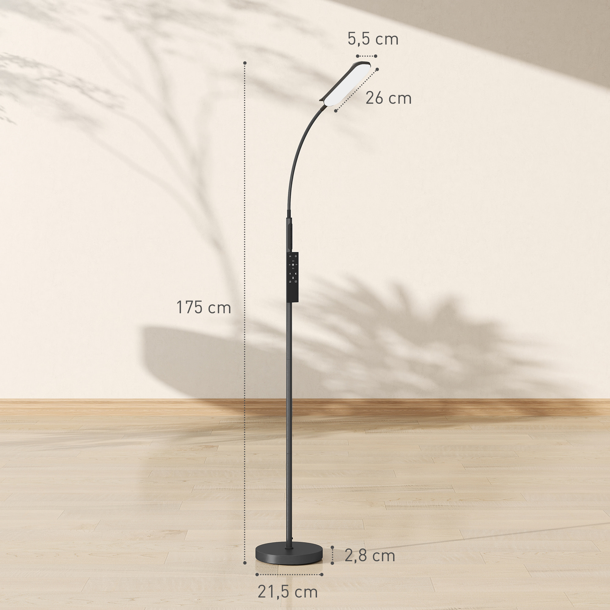 Lámpara de Pie LED Regulable Lámpara de Pie para Salón con Temperaturas de Color Ajuste Continuo Control Remoto y Táctil Temporizador de 60 Minutos Función Memoria Cuello Giratorio Negro