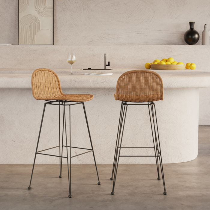 Lot de 2 chaises de bar mi-hauteur 63 cm en résine tressée marron - Jigani