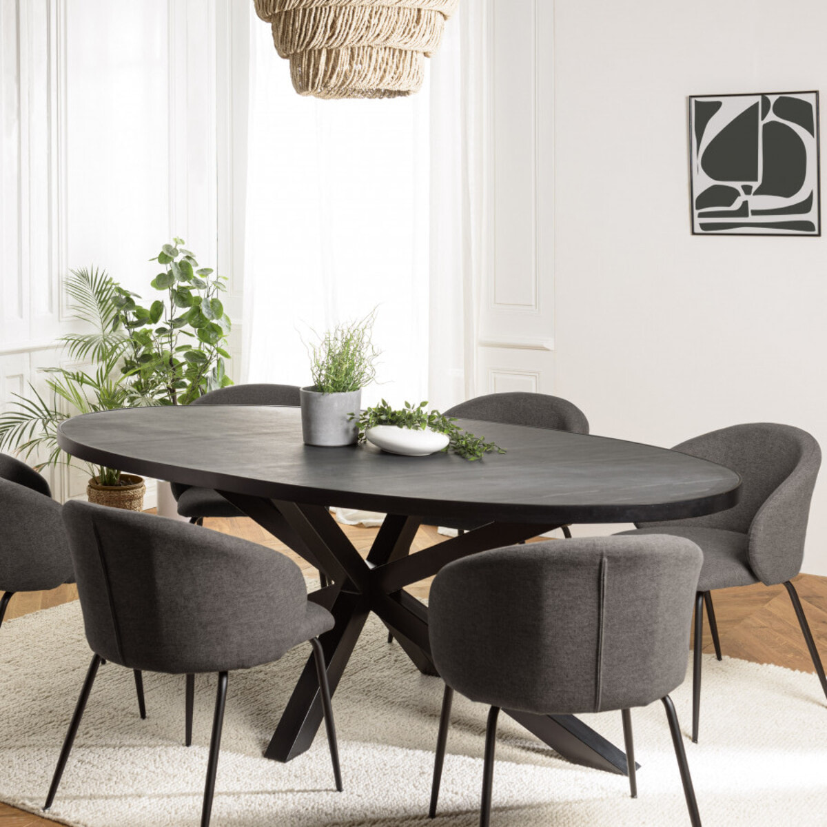 BASILE - Table à manger 220x110cm plateau noir effet pierre