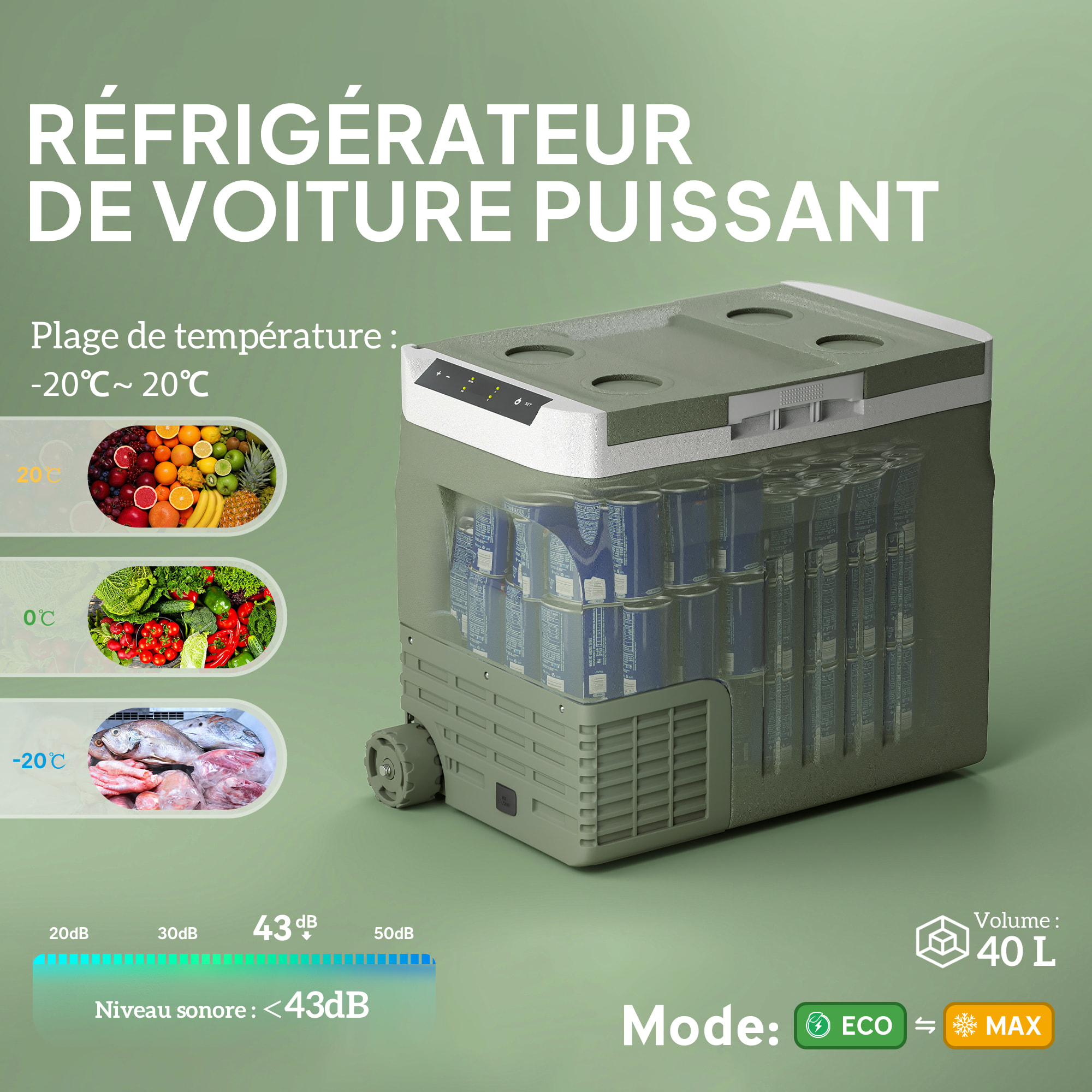 Glacière électrique portable 40L modes ECO/MAX -20°C-20°C poignée télescopique alimentation AC/DC vert