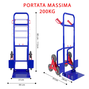Carrello A Mano Montascale Portapacchi Portata Max 200 Kg Carrellino Pieghevole Acciaio Tubolare Ruote In Gomma Trasporto Pacchi 112 x 61 x 44 Cm Blu