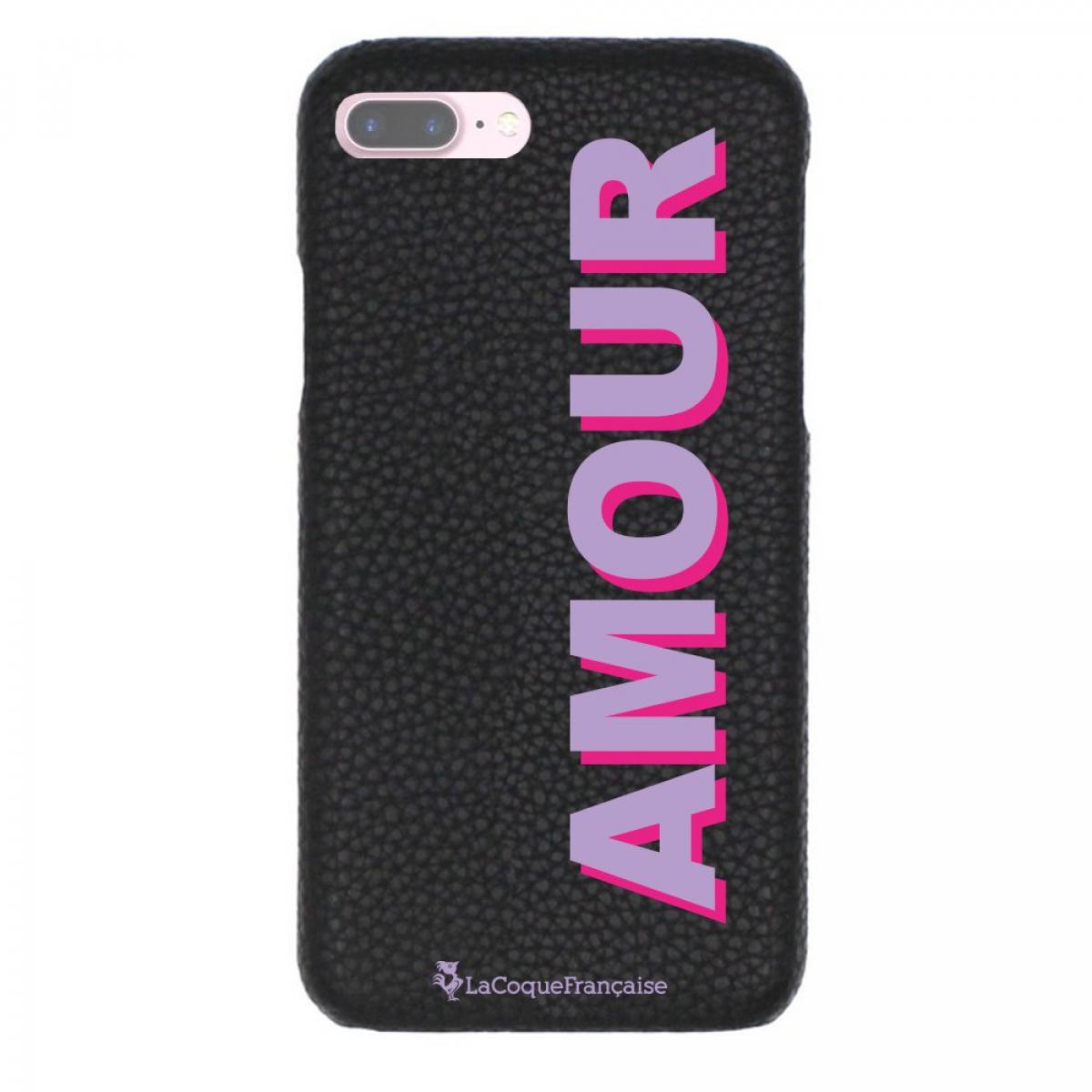 Coque iPhone 7 Plus/ 8 Plus effet cuir grainé noir Amour parme et fushia Design La Coque Francaise