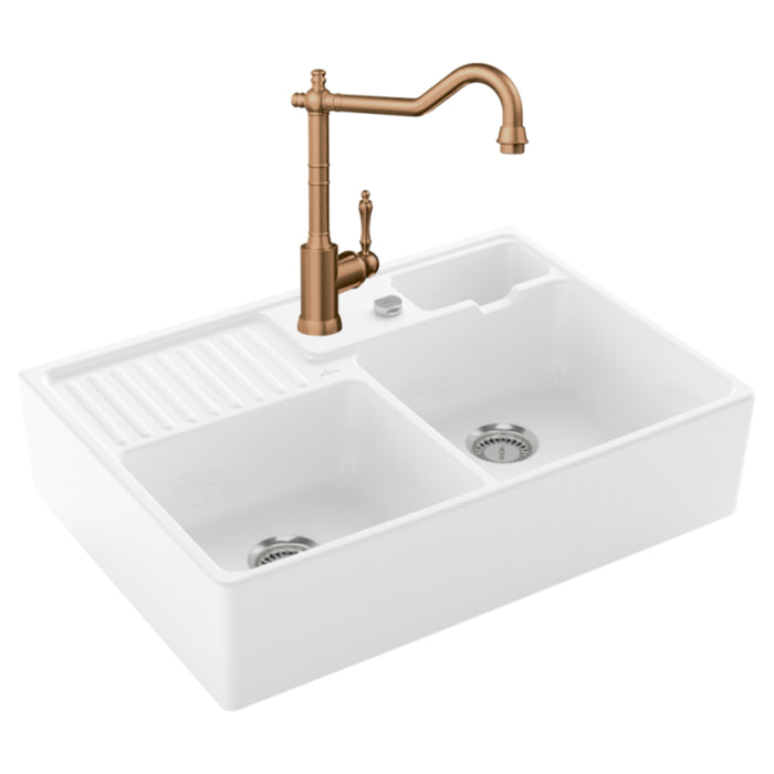 Evier Timbre d'office Tradition 2 bacs vidage auto + Robinet de cuisine Avia 2.0 Bronze