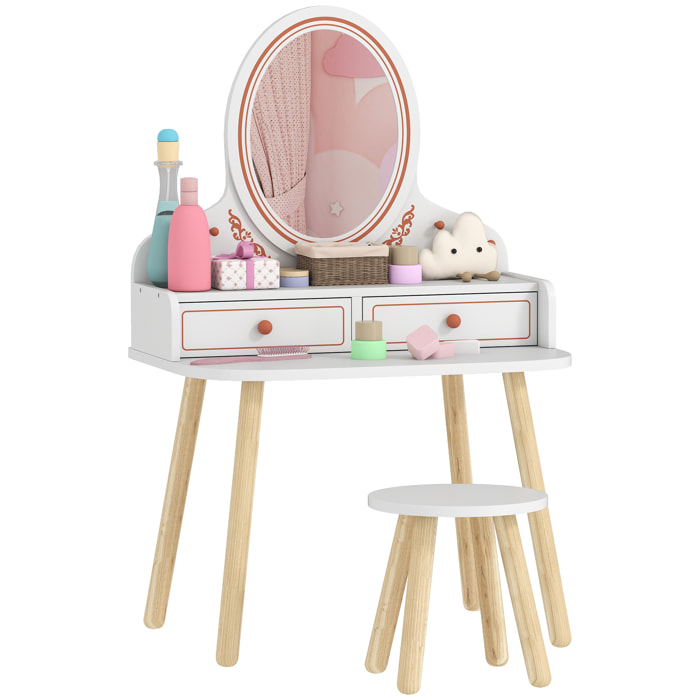 Tocador de Maquillaje Niña, Tocador Infantil con Taburete y Espejo, 2 Cajones y Barras Colgantes, para Niños de 3 a 8 Años, Blanco