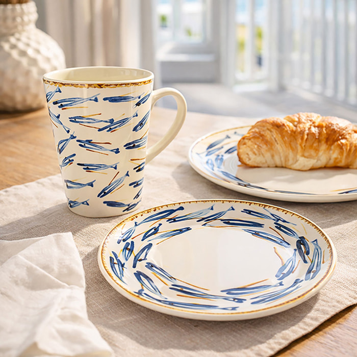 Lot de 6 assiettes à dessert 19cm en porcelaine à imprimé poisson MARIUS