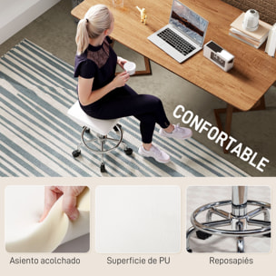 Taburete Giratorio Taburete con Ruedas Altura Regulable 50-66 cm Asiento Tapizado de Cuero Sintético Reposapiés para Salones y Talleres Blanco