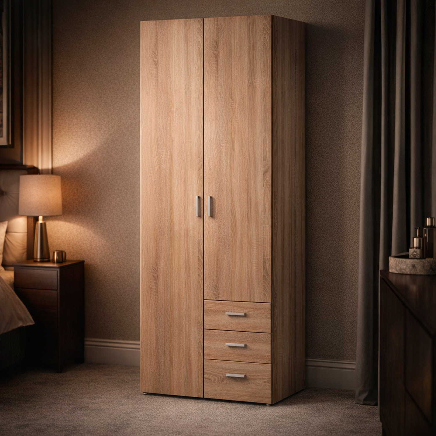 Armadio Mobile Multiuso 2 Ante 3 Cassetti Camera Da Letto Cameretta Appendiabiti E Ripiani Interni Moderno Salvaspazio 200.4 x 77.6 x 49.5 Cm Rovere