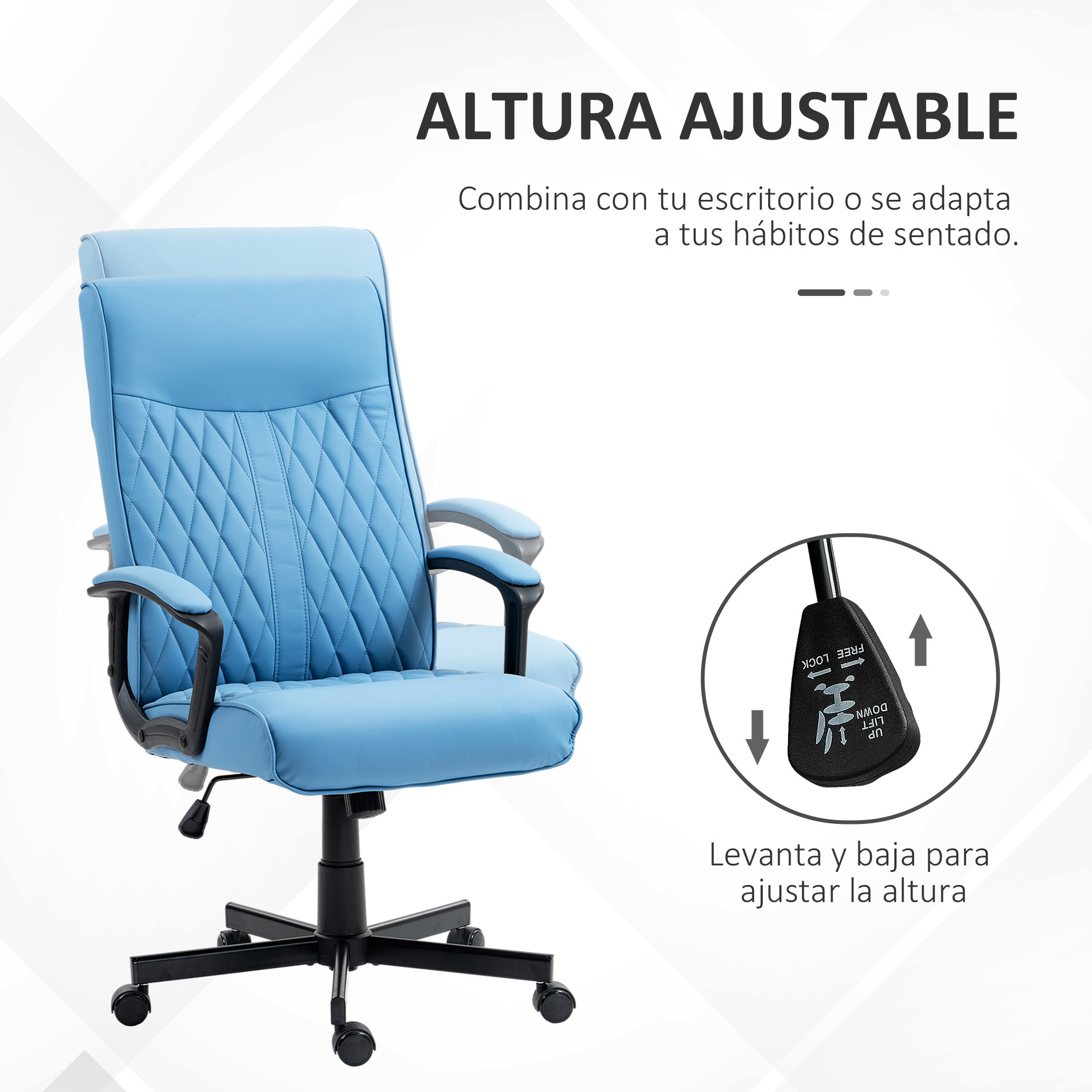 Silla de Oficina Giratoria Silla de Escritorio Basculante Tapizado en PU con Respaldo Alto y Altura Ajustable para Salón Oficina Carga 120 kg 65x72x102-112,5 cm Azul