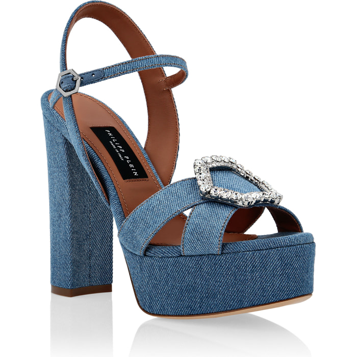 PHILIPP PLEIN Denim Sandals High Heels Crystal Hexagon