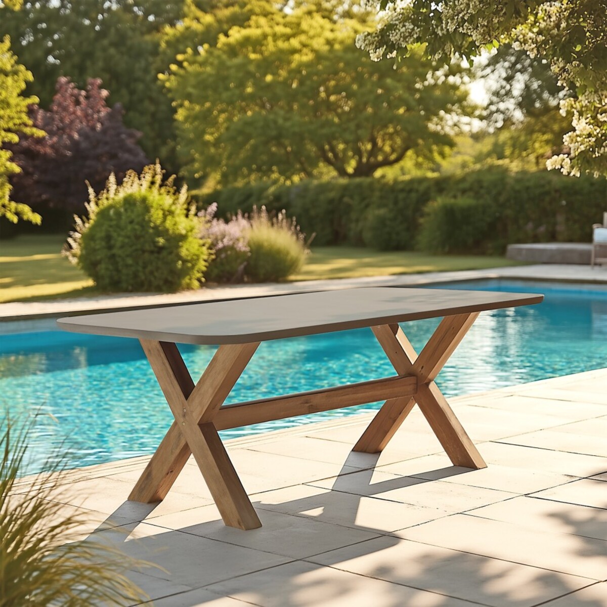 NESTOR - Table à manger 200x100cm effet béton marron pied en bois d'acacia