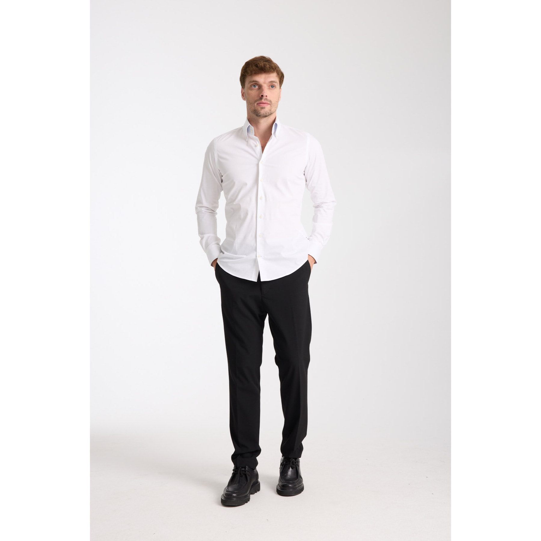 Camicia Uomo 2 Bottoni Button Down Slim Popeline Stretch Unito Bianco