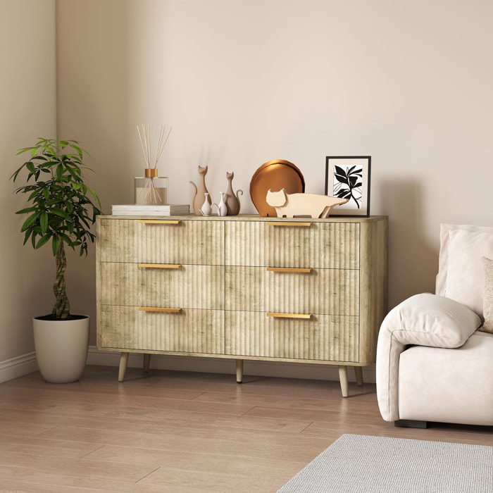 Commode 6 tiroirs effet bois façades cannelées poignées métal doré