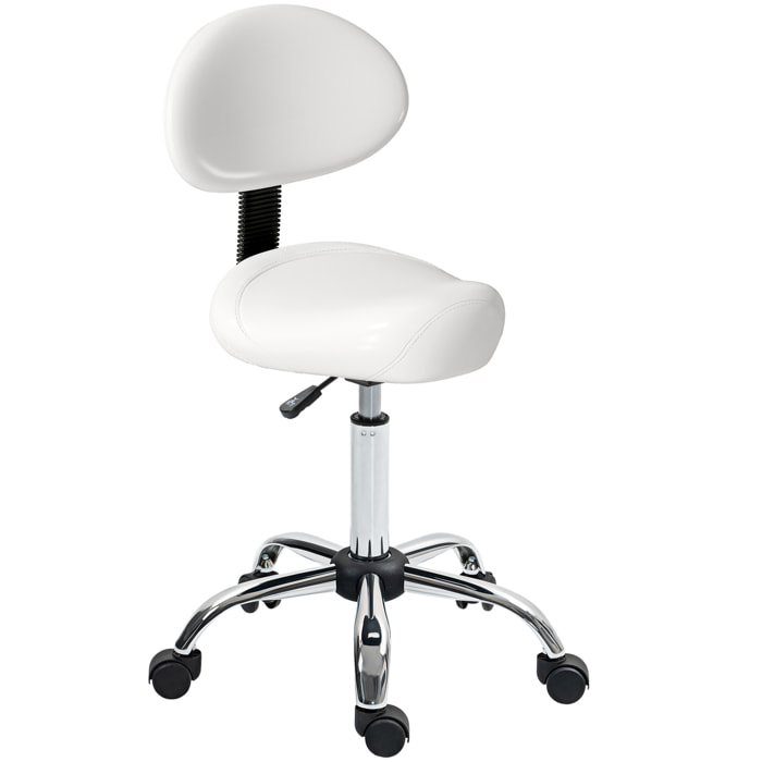 Taburete Giratorio Taburete con Ruedas y Respaldo Extraíble Taburete de Trabajo con Altura Regulable 83-98 cm Asiento Tapizado de Cuero Sintético Blanco