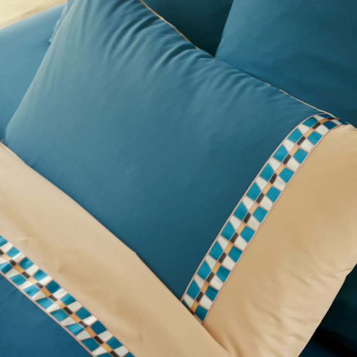 Drap plat percale de coton géométrique - Bleu