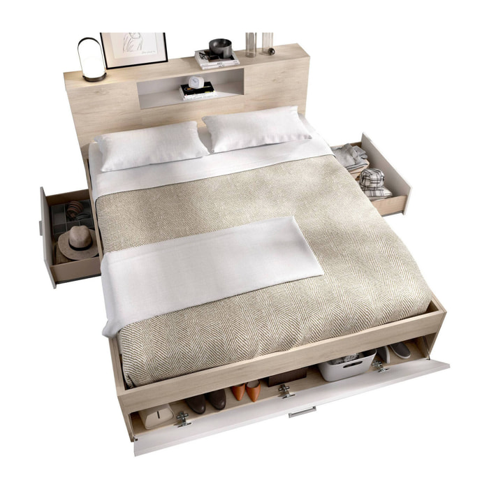 Letto alla francese Conching, Sommier per camera da letto, Giroletto per stanza, Struttura porta materasso, 150x219 h95 cm, Bianco e Rovere