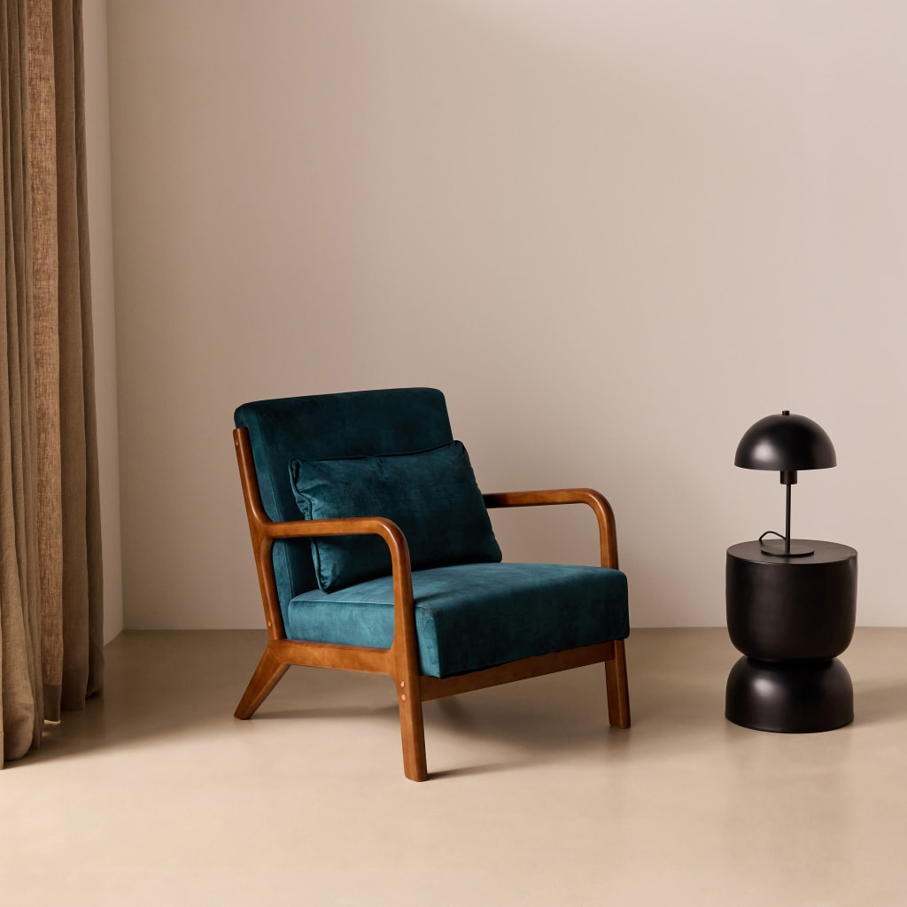Fauteuil scandinave bois d'hévéa teinté noyer clair et velours LORENS