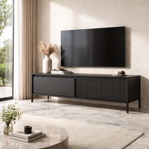 Mobile TV Moderno Con 2 Ante Push To Open Design Scanalato Elegante Minimal Base In Metallo Per Soggiorno Salotto 187.1 x 53.4 x 39.5 Cm Nero