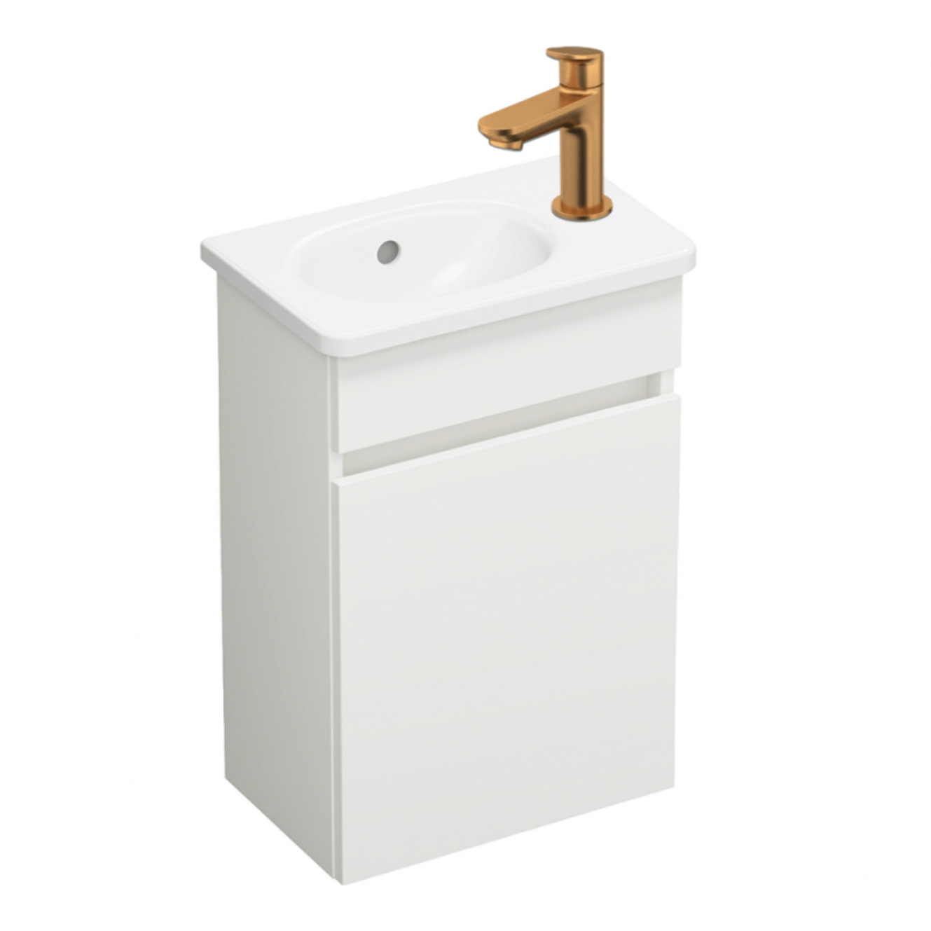 Pack meuble suspendu lave-mains Joline blanc mat + Robinet lave-mains eau froide Duravit Wave bronze brossé