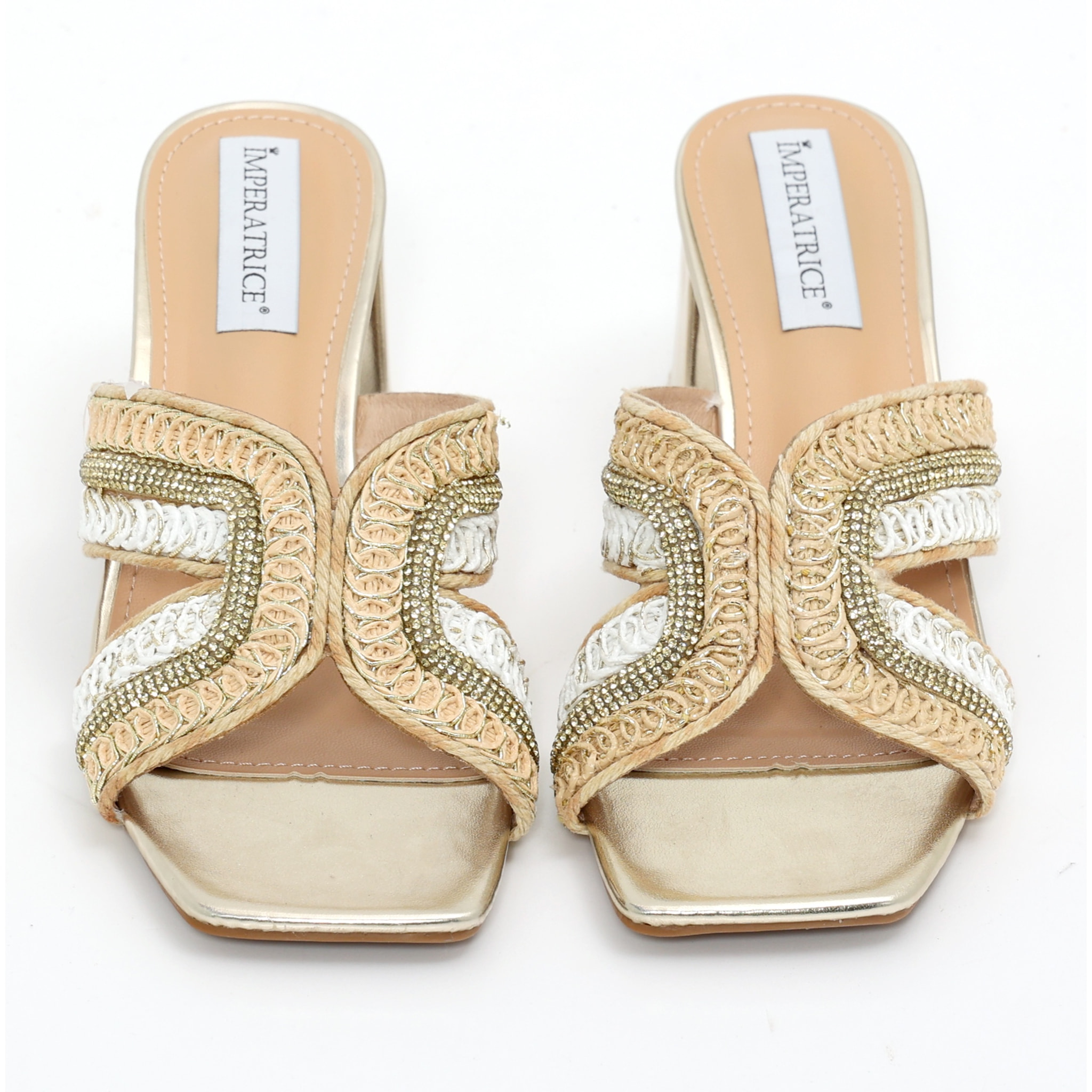 Sandali in simil pelle con tacco comodo quadrato ed applicazione strass