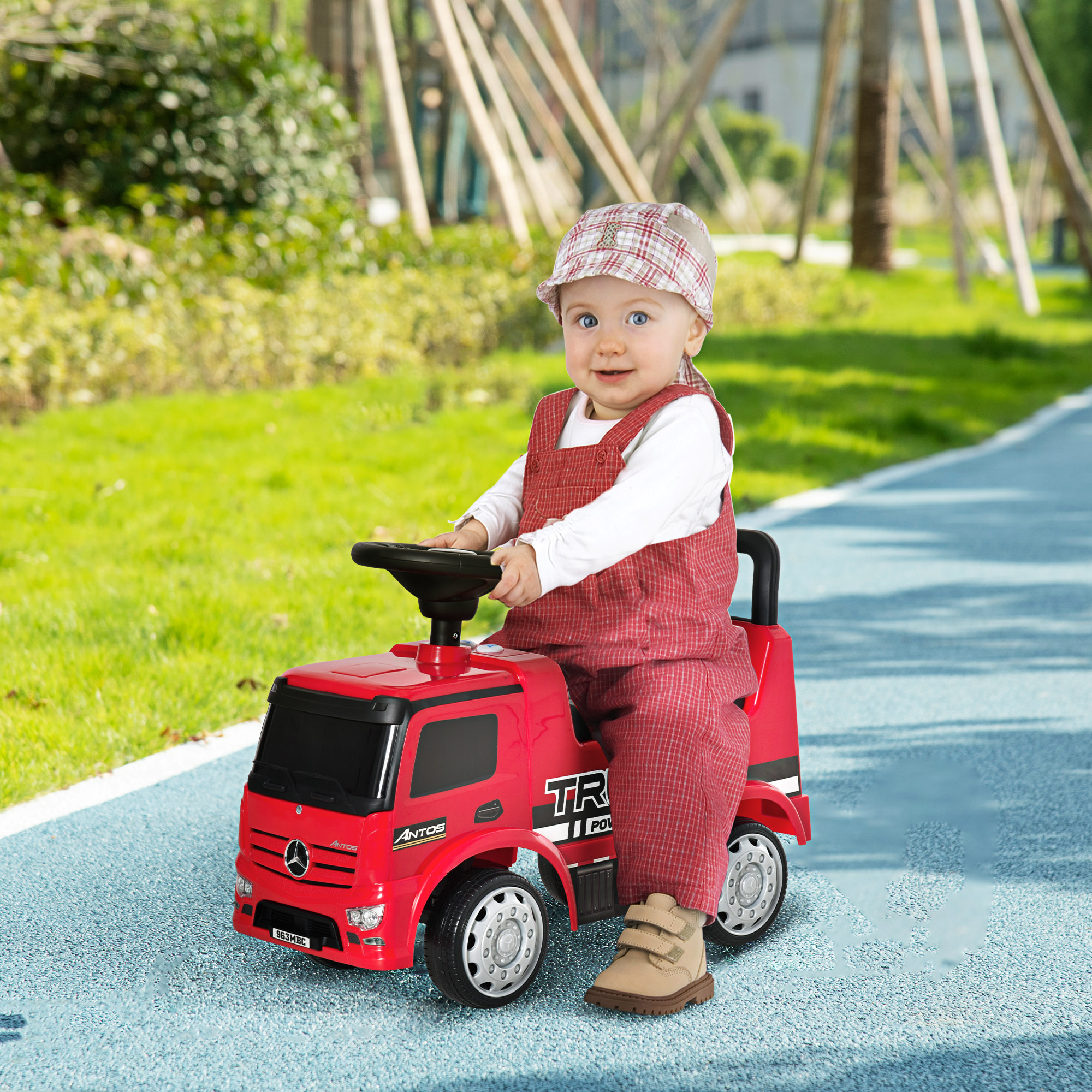 Voiture porteur enfant camion licence Mercedes-Benz Antos 12-36 mois coffre effets lumineux sonores rouge