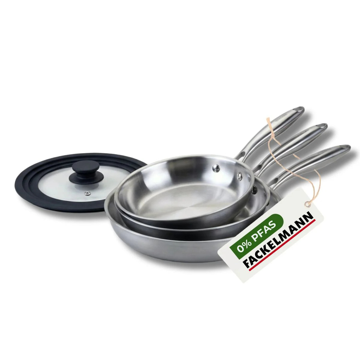 3 poêles 20 24 cm et 28 cm inox 18/10 Triply et couvercle Fackelmann Vita3