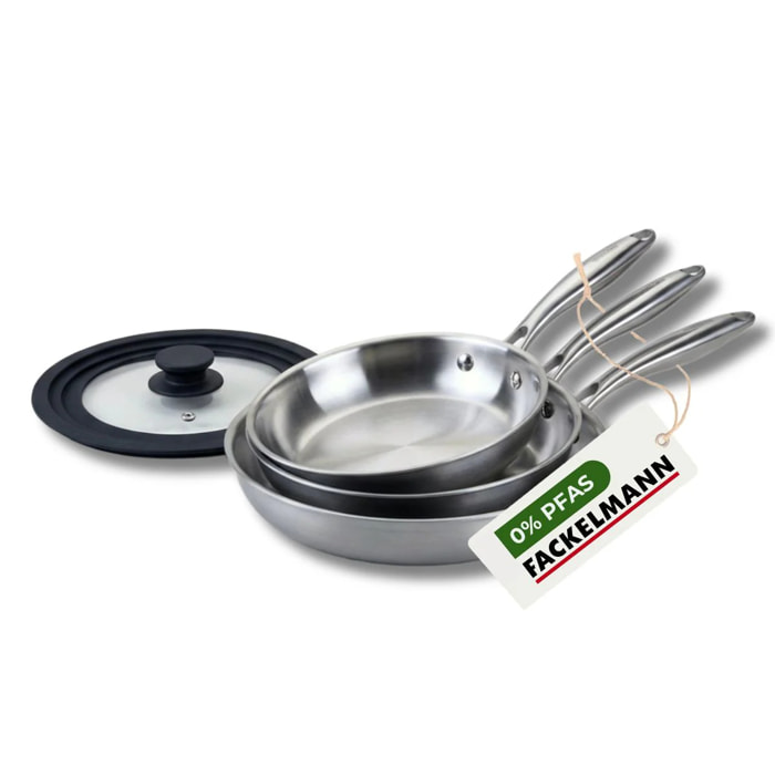 3 poêles 20 24 cm et 28 cm inox 18/10 Triply et couvercle Fackelmann Vita3