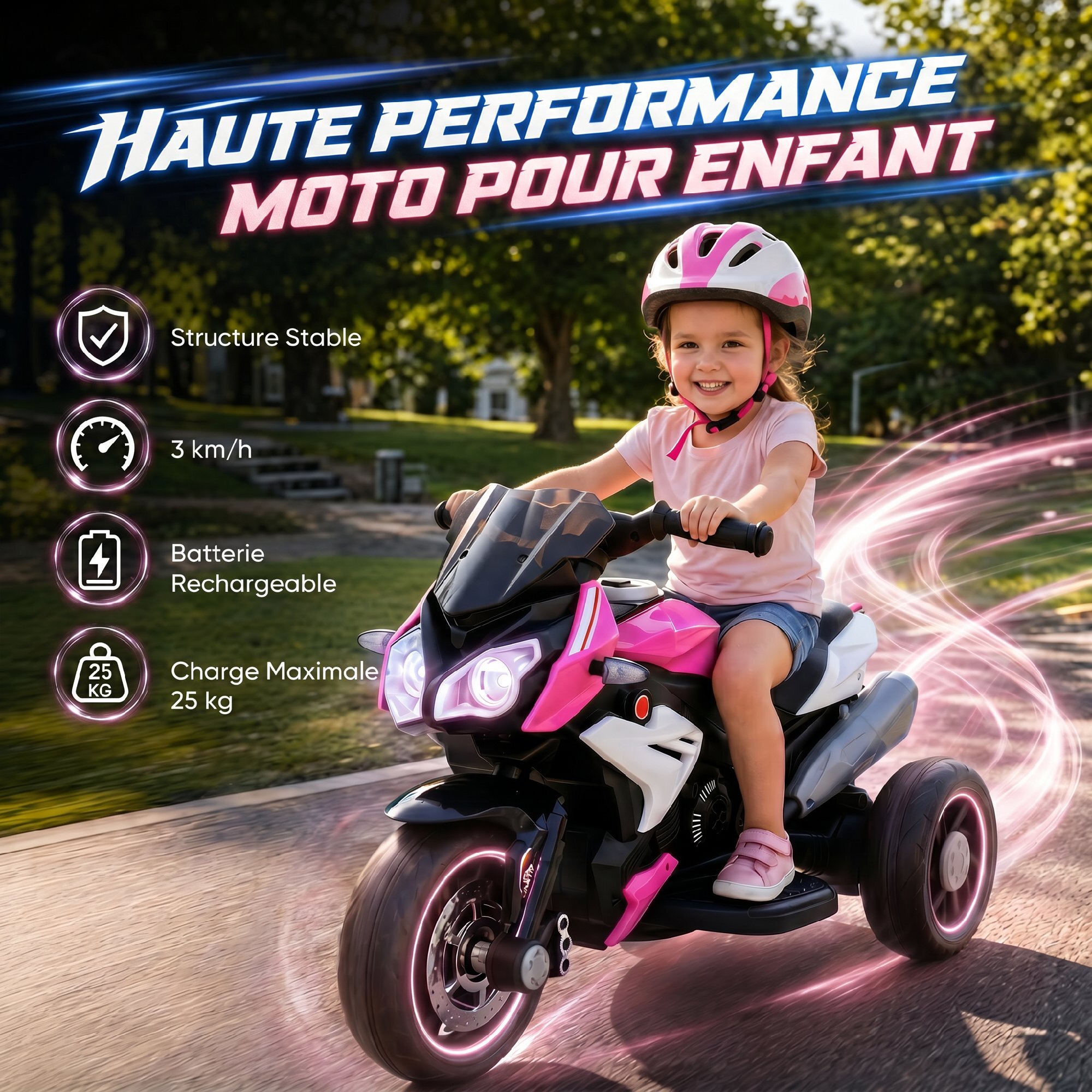 Moto électrique pour enfants 3 roues 6 V 3 Km/h effets lumineux et sonores rose