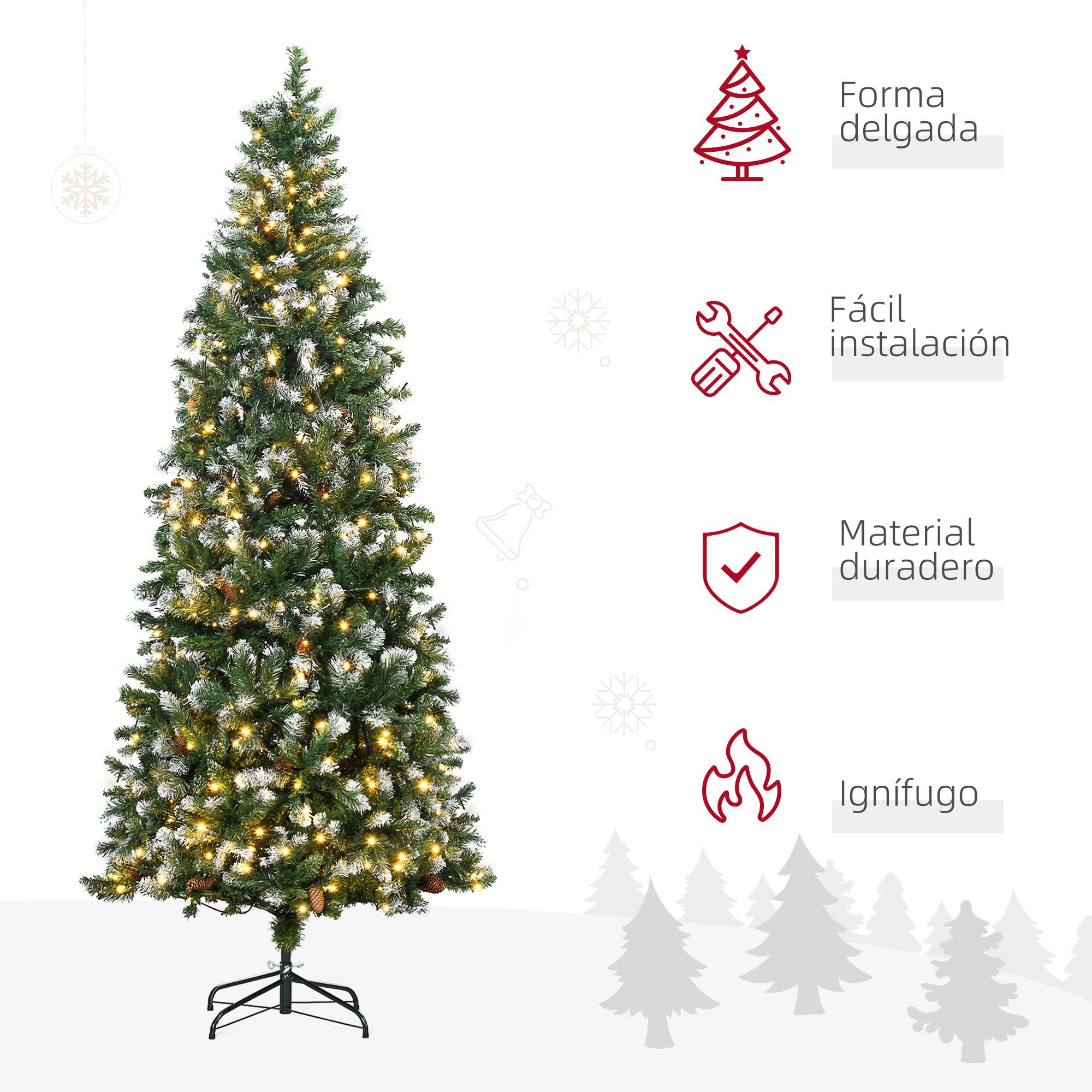 Árbol de Navidad Artificial con Luces LED Altura 230 cm Árbol de Navidad Estrecho con 1051 Ramas 45 Piñas y Polvo Brillante Base Plegable Ø100x230 cm Verde