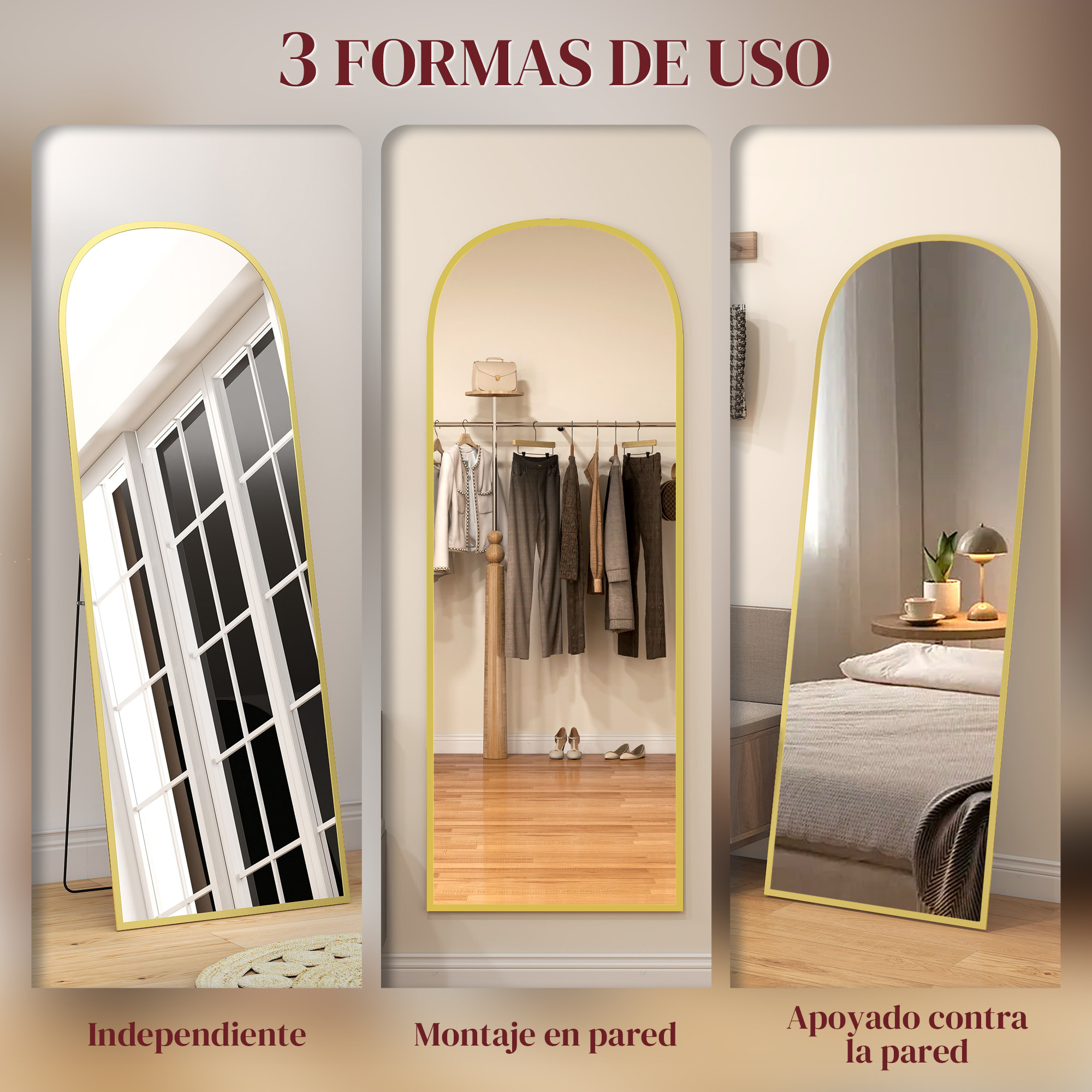 Espejo de Pie Cuerpo Entero 165x60 cm con Marco de Aleación de Aluminio, Espejo de Pared Rectangular para Colgar con Soporte, 2 Formas de Uso, para Salón, Entrada y Dormitorio, Dorado