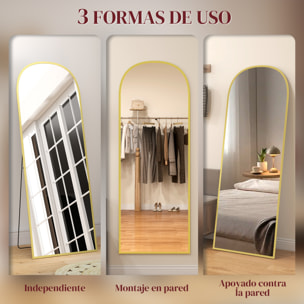 Espejo de Pie Cuerpo Entero 165x60 cm con Marco de Aleación de Aluminio, Espejo de Pared Rectangular para Colgar con Soporte, 2 Formas de Uso, para Salón, Entrada y Dormitorio, Dorado