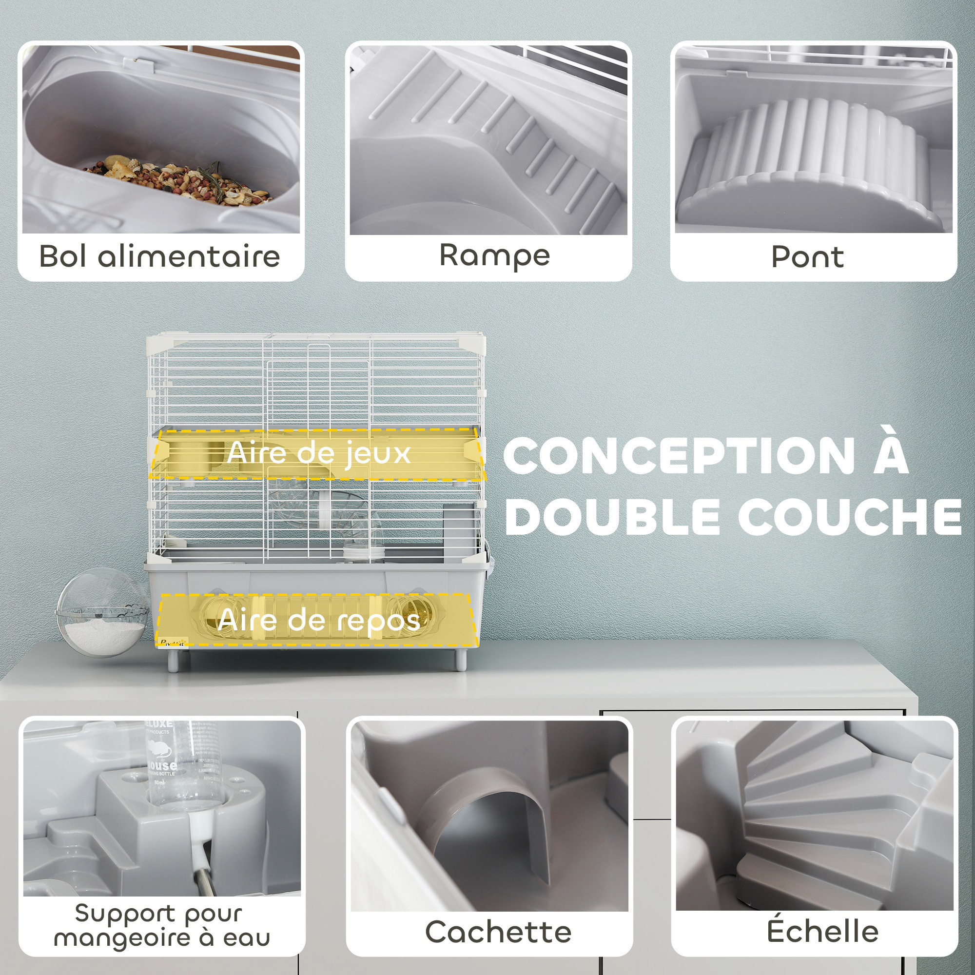 Cage pour hamster 2 niveaux roue sphère bac à sable tuyaux biberon eau dim. 44,5 x 28 x 44 cm blanc gris