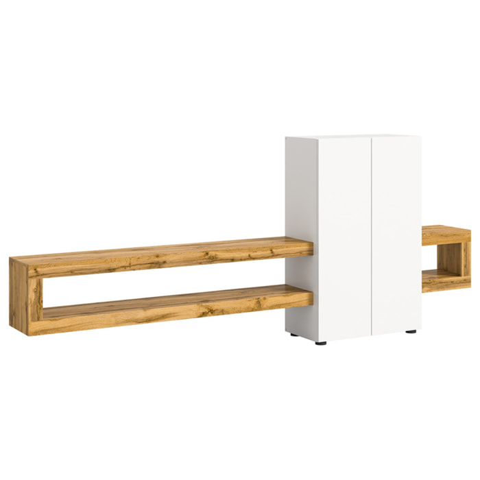 Ned - meuble tv suspendu - 2 portes et 2 étagères - bois et blanc - 270 cm - Bois / Blanc