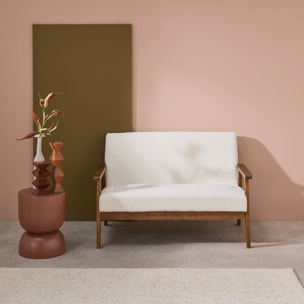 Banquette canapé 2 places en bois teinté noyer clair et tissu bouclette. Isak. L 114 x P 69.5 x H 73cm