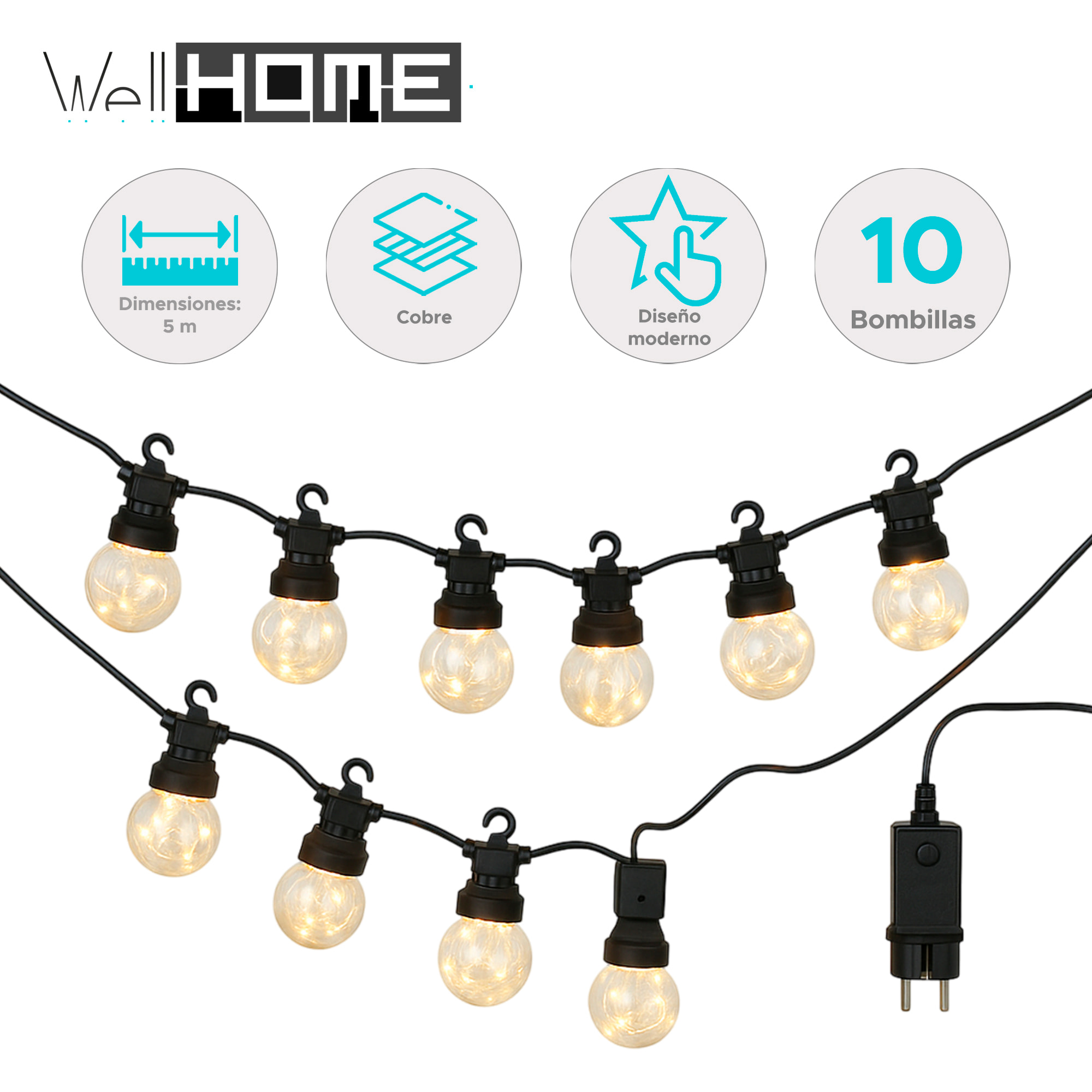 Guirnalda de luces led blancas cálidas con temporizador - 10 bombillas de cobre, transformador ip44 y función de temporizador