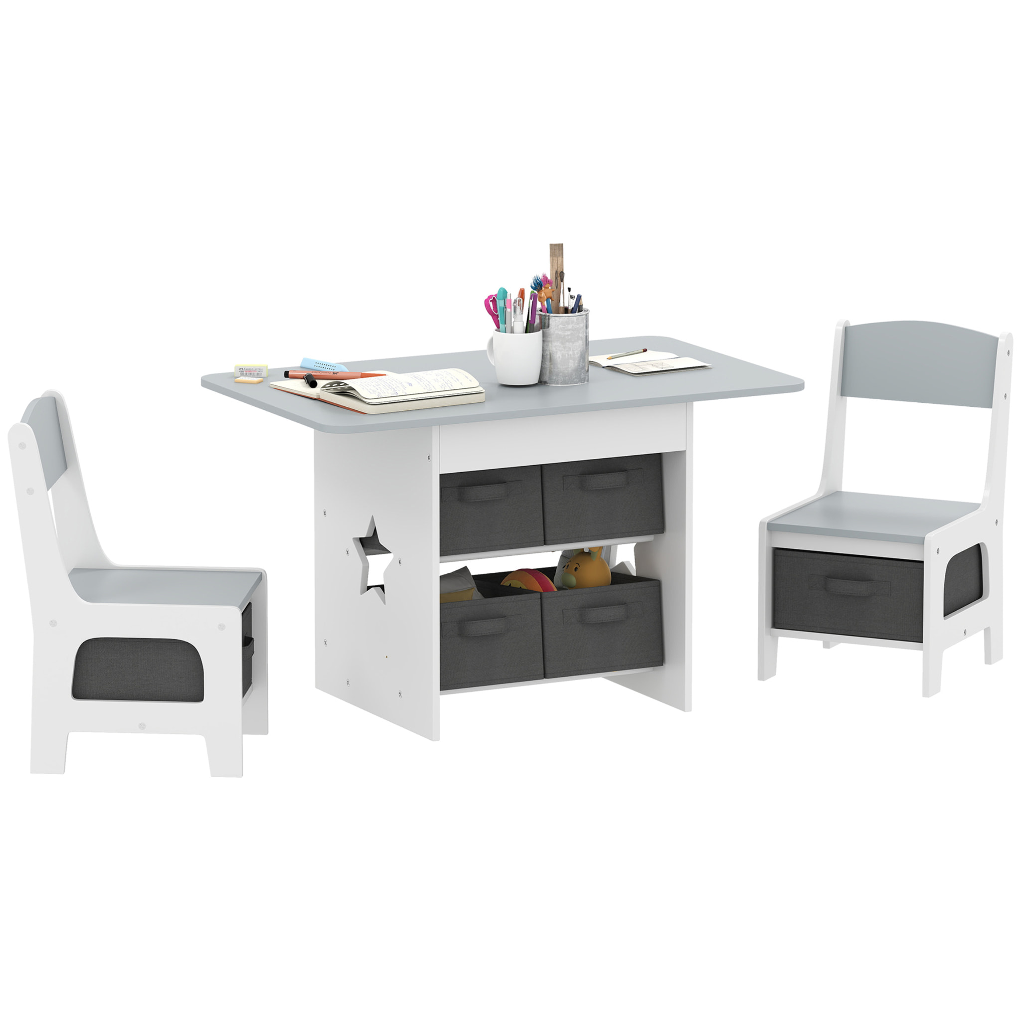 Mesa Infantil con 2 Sillas, Mesa y Sillas Infantil con 6 Cajones de Tela, Diseño Estrellas, para Niños y Niñas de 3-8 Años, para Hogar, Guardería, Aulas, Gris Claro