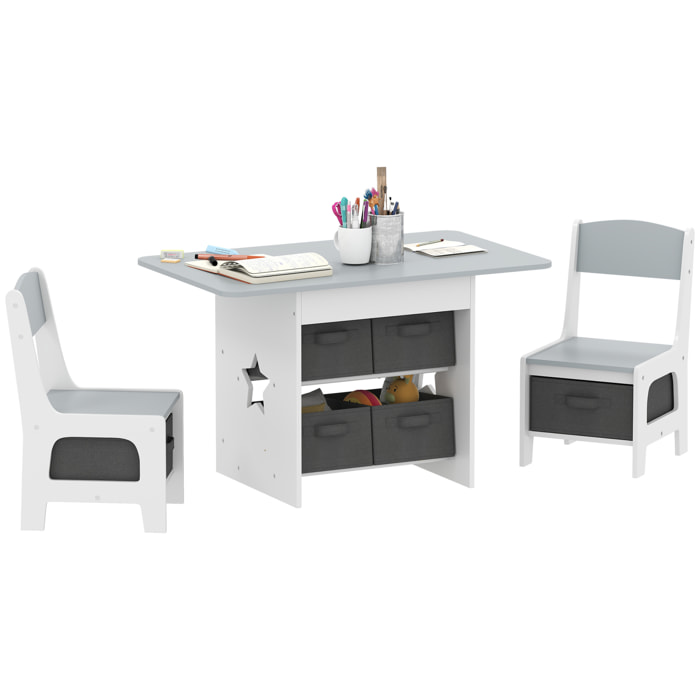 Mesa Infantil con 2 Sillas, Mesa y Sillas Infantil con 6 Cajones de Tela, Diseño Estrellas, para Niños y Niñas de 3-8 Años, para Hogar, Guardería, Aulas, Gris Claro